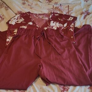 Burgundy Floral Two-Piece Set Pants Wide Leg Elastic Medium